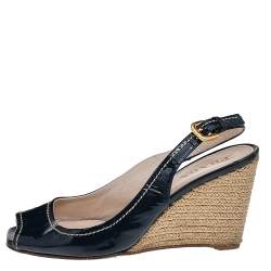 Prada Navy Blue Patent Leather Peep Toe Wedges Espadrilles Slingback Sandals Size 36