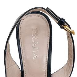 Prada Navy Blue Patent Leather Peep Toe Wedges Espadrilles Slingback Sandals Size 36
