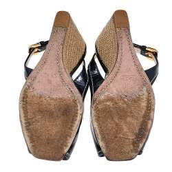 Prada Navy Blue Patent Leather Peep Toe Wedges Espadrilles Slingback Sandals Size 36