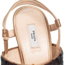 Pre Owned Prada Black/Beige Satin And Sequins Crystal Embellished T-Strap Sandals Size 36.5
