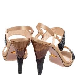 Pre Owned Prada Black/Beige Satin And Sequins Crystal Embellished T-Strap Sandals Size 36.5