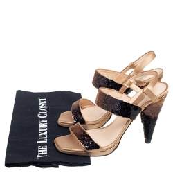 Pre Owned Prada Black/Beige Satin And Sequins Crystal Embellished T-Strap Sandals Size 36.5