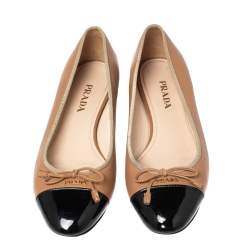 Pre Owned Prada Black/Beige Patent And Leather Bow Cap Toe Ballet Flats Size 39