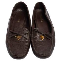 Pre Owned Prada Brown Grained Leather Bow Loafers Size 39
