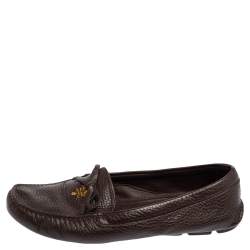 Pre Owned Prada Brown Grained Leather Bow Loafers Size 39