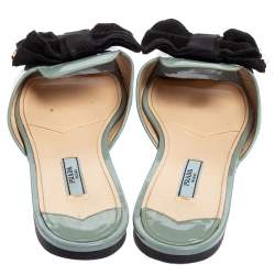 Pre Owned Prada Blue Patent Leather Bow Peep Toe Flat Slides Size 40