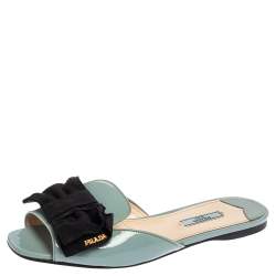 Pre Owned Prada Blue Patent Leather Bow Peep Toe Flat Slides Size 40