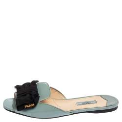 Pre Owned Prada Blue Patent Leather Bow Peep Toe Flat Slides Size 40
