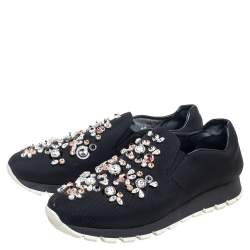 Pre Owned Prada Black Nylon Crystal Embellished Slip On Sneakers Size 40