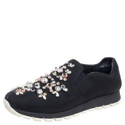 Pre Owned Prada Black Nylon Crystal Embellished Slip On Sneakers Size 40