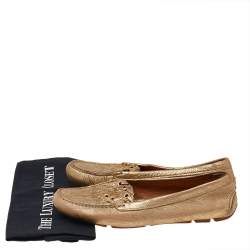 Pre Owned Prada Gold Leather Logo Slip On Loafers Size 40