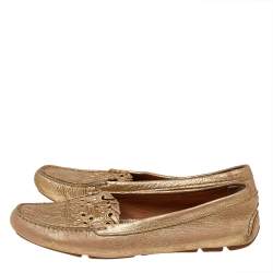 Pre Owned Prada Gold Leather Logo Slip On Loafers Size 40