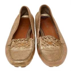 Pre Owned Prada Gold Leather Logo Slip On Loafers Size 40