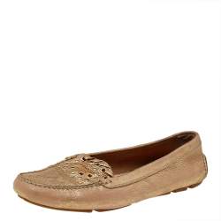 Pre Owned Prada Gold Leather Logo Slip On Loafers Size 40