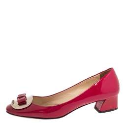 Pre Owned Prada Rose Pink Patent Leather Bow Block Heel Pumps Size 36