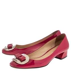 Pre Owned Prada Rose Pink Patent Leather Bow Block Heel Pumps Size 36