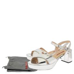Pre Owned Prada Metallic Silver Leather Platform Block Heel Ankle Strap Sandals Size 39