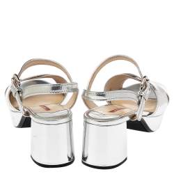 Pre Owned Prada Metallic Silver Leather Platform Block Heel Ankle Strap Sandals Size 39