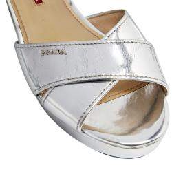 Pre Owned Prada Metallic Silver Leather Platform Block Heel Ankle Strap Sandals Size 39