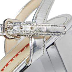 Pre Owned Prada Metallic Silver Leather Platform Block Heel Ankle Strap Sandals Size 39