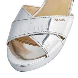 Pre Owned Prada Metallic Silver Leather Platform Block Heel Ankle Strap Sandals Size 39