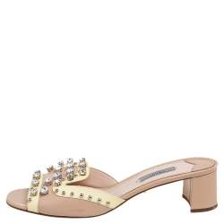 Pre Owned Prada Yellow/Beige Patent Leather Mule Sandals Size 40.5