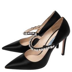 Pre Owned Prada Black Satin Crystal Embellished Pointed Toe Pumps Size 37