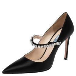 Pre Owned Prada Black Satin Crystal Embellished Pointed Toe Pumps Size 37