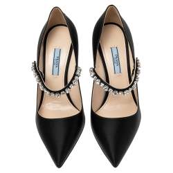 Pre Owned Prada Black Satin Crystal Embellished Pointed Toe Pumps Size 37