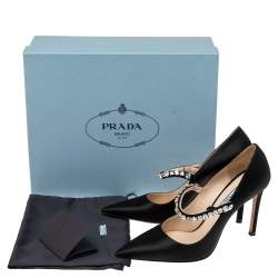 Pre Owned Prada Black Satin Crystal Embellished Pointed Toe Pumps Size 37