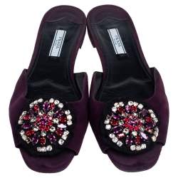 Pre Owned Prada Purple Suede Crystal Embellished Suede Flat Slides Size 39.5