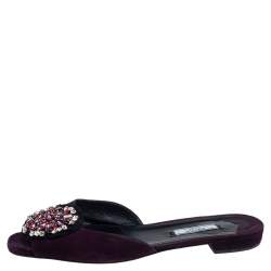 Pre Owned Prada Purple Suede Crystal Embellished Suede Flat Slides Size 39.5