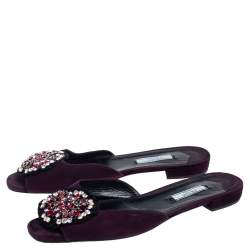 Pre Owned Prada Purple Suede Crystal Embellished Suede Flat Slides Size 39.5