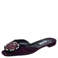 Pre Owned Prada Purple Suede Crystal Embellished Suede Flat Slides Size 39.5