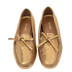 Pre Owned Prada Gold Leather Slip On Loafers Size 37.5