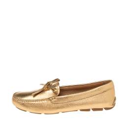 Pre Owned Prada Gold Leather Slip On Loafers Size 37.5