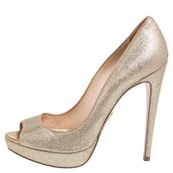 Pre Owned Prada Metallic Gold Glitter Peep Toe Platform Pumps Size 38