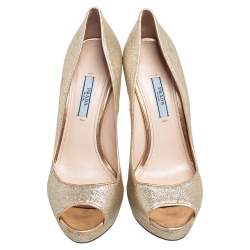 Pre Owned Prada Metallic Gold Glitter Peep Toe Platform Pumps Size 38
