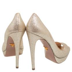 Pre Owned Prada Metallic Gold Glitter Peep Toe Platform Pumps Size 38