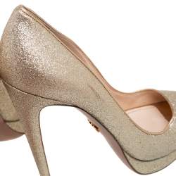 Pre Owned Prada Metallic Gold Glitter Peep Toe Platform Pumps Size 38