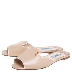 Pre Owned Prada Beige Patent Saffiano Leather Flat Slides Size 38
