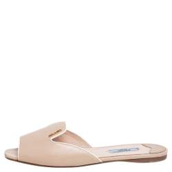 Pre Owned Prada Beige Patent Saffiano Leather Flat Slides Size 38