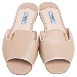 Pre Owned Prada Beige Patent Saffiano Leather Flat Slides Size 38