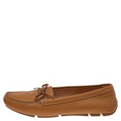 Pre Owned Prada Tan Leather Bow Slip On Loafers Size 38