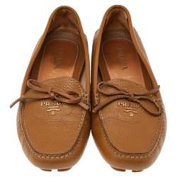 Pre Owned Prada Tan Leather Bow Slip On Loafers Size 38