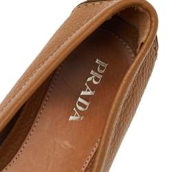 Pre Owned Prada Tan Leather Bow Slip On Loafers Size 38