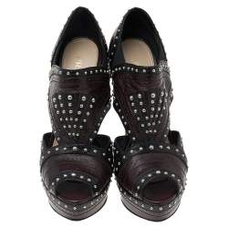 مملوكة مسبقًا Prada Dark Brown/Black Leather Studded Platform Open Toe Boots Size 39