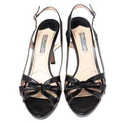 Prada Black Strappy Patent Leather Bow Open Toe Slingback Sandals Size 39.5