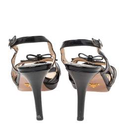 Prada Black Strappy Patent Leather Bow Open Toe Slingback Sandals Size 39.5