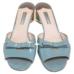 Pre Owned Prada Blue Patent Leather Bow Crystal Embellished Sandals Size 39
